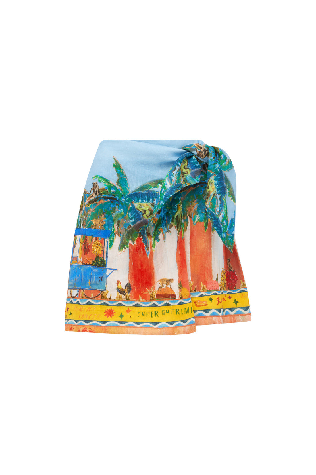 Unique Satin Painted Island Print Skirt And Shirt Two-Piece Set