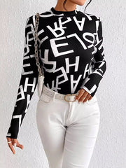 Long Sleeves Skinny Letter Print Split-Joint Mock Neck T-Shirts Tops