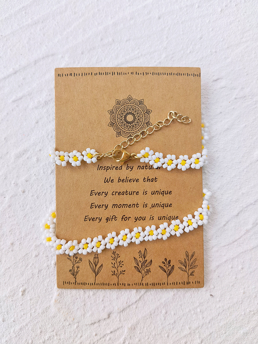 Adjustable Drawstring Beaded Bracelet Cream Daisy