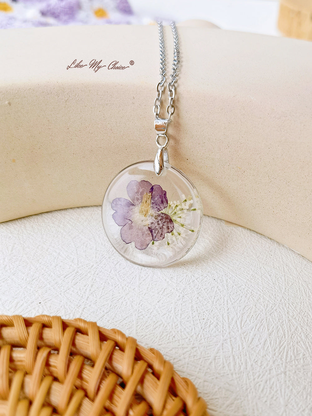 Verbena officinalis officinalis Flower Botanical Pendant Circle Necklace