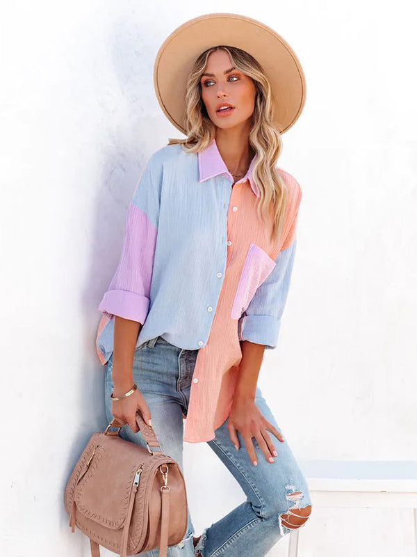 Casual Long Sleeves Contrast Color Split-Joint Lapel Blouses