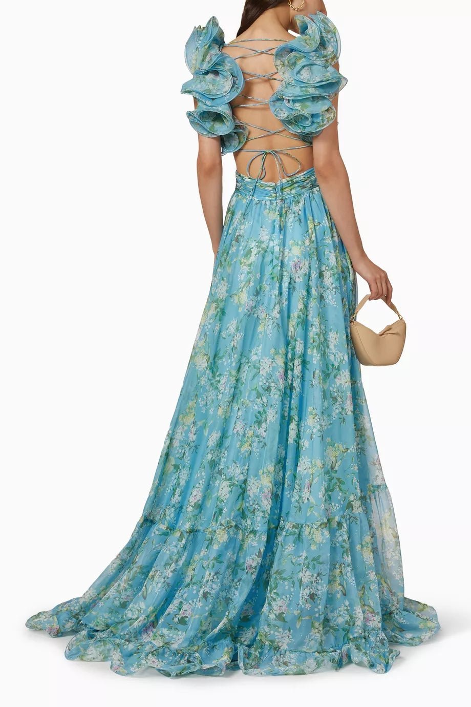 Ginny Printed Ruffle Lace Up Chiffon Maxi Dress