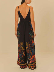 Vintage Plant Flower Print V-Neck Jumpsuit