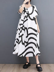 Short Sleeves Loose Abstract Printed Printed Round-Neck Midi Dresses