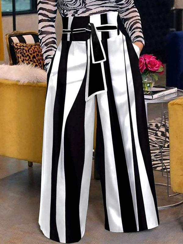 High Waisted Loose Striped Tied Waist Pants Trousers