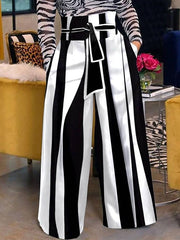 High Waisted Loose Striped Tied Waist Pants Trousers