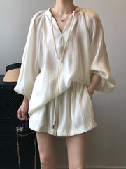 Loose Solid Color Split-Joint Sun Protection Tied V-Neck Long Sleeves Top + Shorts Two Pieces Set