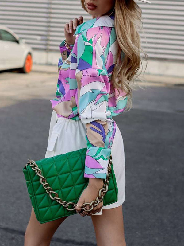 Long Sleeves Loose Contrast Color Printed Lapel Blouses