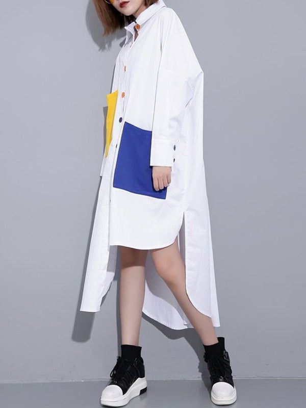 Long Sleeves Loose Asymmetric Buttoned Contrast Color Pockets Lapel Midi Dresses Shirt Dress