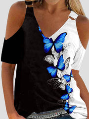 Loose Short Sleeves Butterfly Print Split-Joint Cold Shoulder T-Shirts Tops