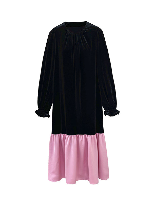 Flared Sleeves Long Sleeves Contrast Color Pleated Ruffled Split-Joint Velvet Round-Neck Midi Dresses