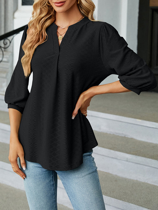 Loose Puff Sleeves Jacquard Pleated Solid Color Split-Joint V-Neck T-Shirts Tops