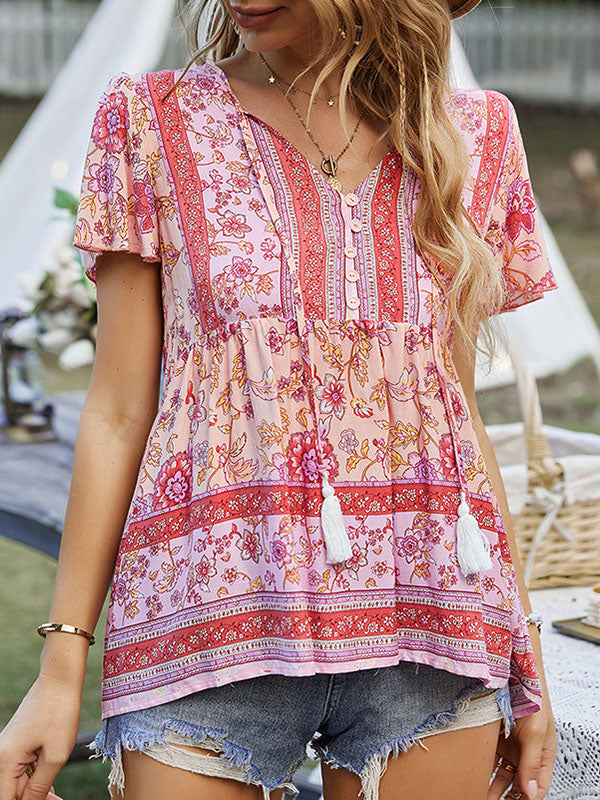 Loose Short Sleeves Buttoned Flower Print Split-Joint Tasseled Tied V-Neck T-Shirts Tops