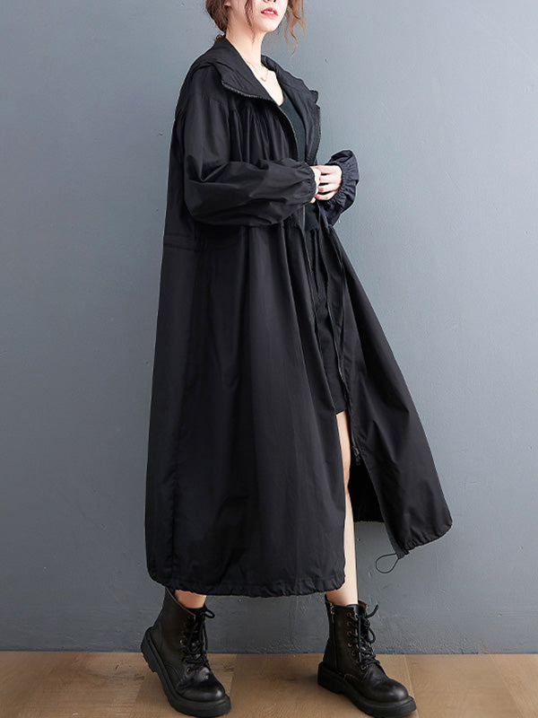 Casual Loose Solid Color Zipper Drawstring Long Sleeves Hooded Trench Coat