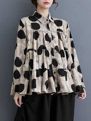 Long Sleeves Loose Pleated Polka-Dot Split-Joint Lapel Blouses