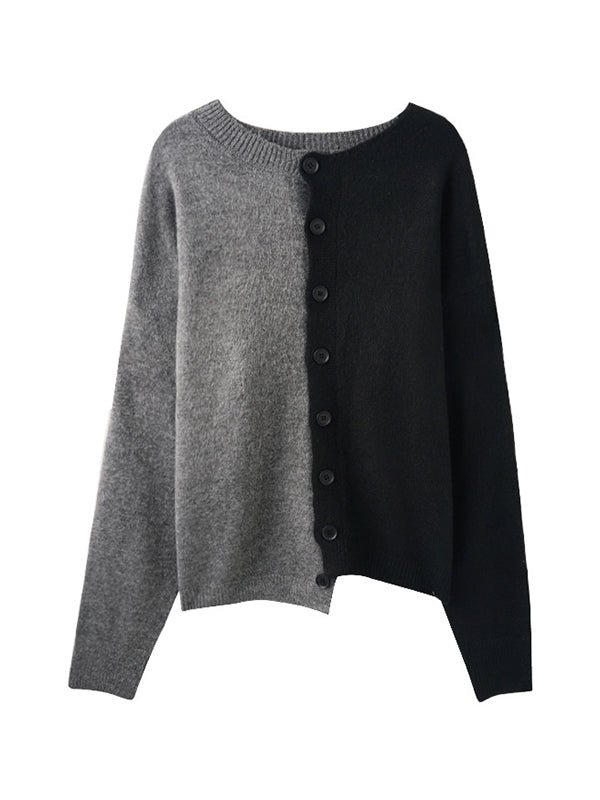 Long Sleeves Loose Asymmetric Buttoned Contrast Color Split-Joint Round-Neck Cardigan Tops