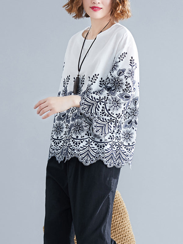 Loose Three-Quarter Sleeves Hollow Print Round-Neck Blouses&Shirts Tops