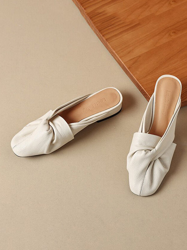 Hollow Pleated Round-Toe Split-Joint Slippers&Mules