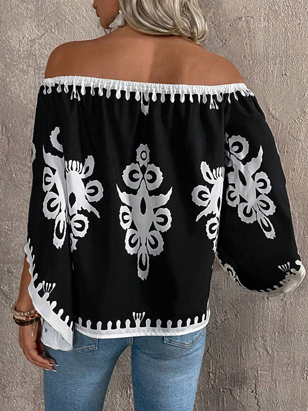 Long Sleeves Loose Elasticity Printed Off-The-Shoulder Blouses&Shirts Tops