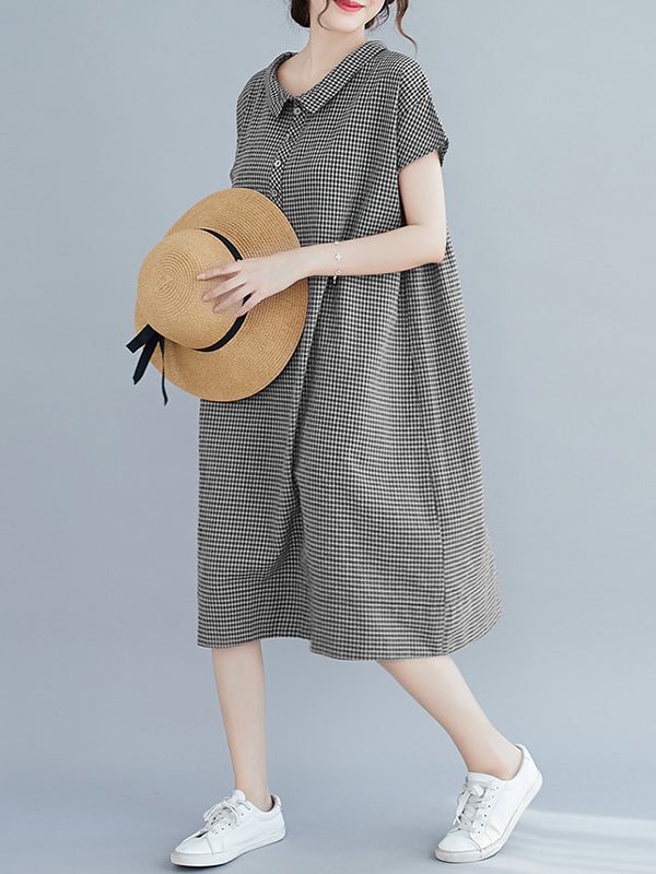 Artistic Retro Loose Plaid Buttoned Lapel Collar Midi Dress