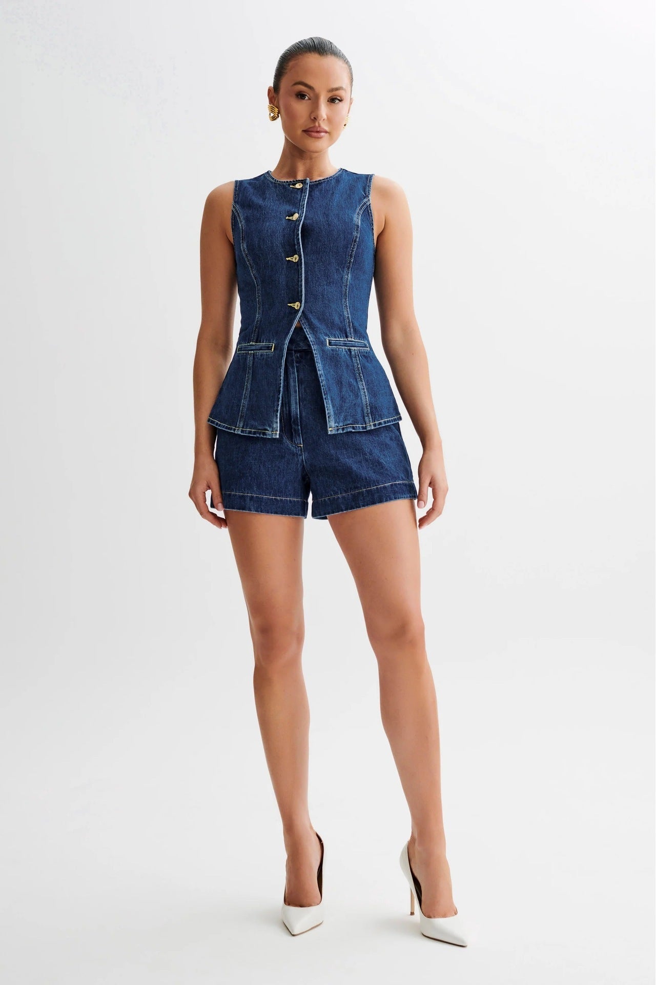 Denim Vest & Shorts Matching Suit