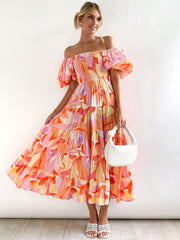 Andrea Printed Off-shoulder Puff Sleeve Tiered Maxi Dress