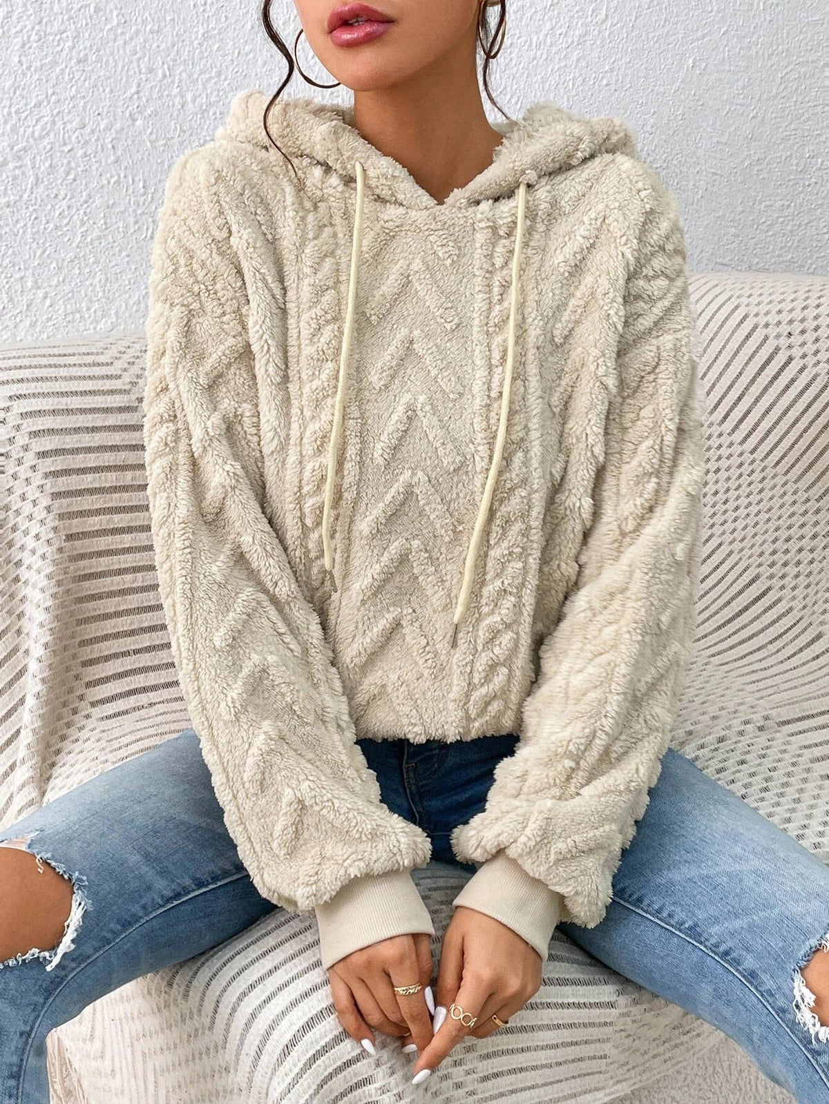 Women's Pullover Sweater Flannel Hooded Lloose Plush Jacket