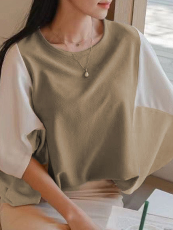 Batwing Sleeves Half Sleeves Contrast Color Round-Neck Blouses&Shirts Tops