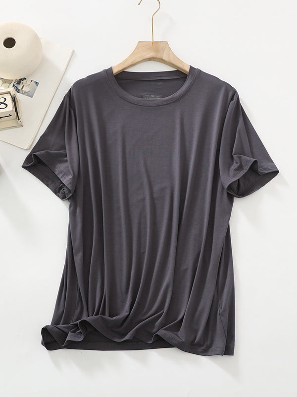 Loose Short Sleeves Solid Color Split-Joint Round-Neck T-Shirts Tops