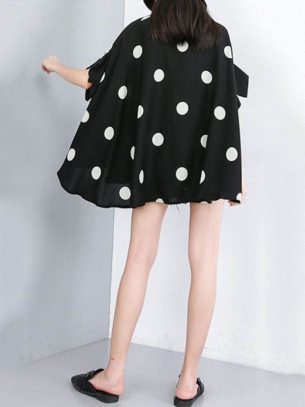 Batwing Sleeves High-Low Polka-Dot Lapel Blouses&Shirts Tops