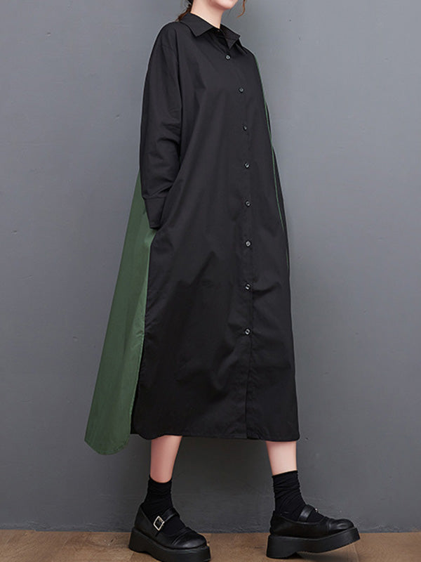 Long Sleeves Loose Asymmetric Buttoned Split-Joint Split-Side Lapel Midi Dresses Shirt Dress