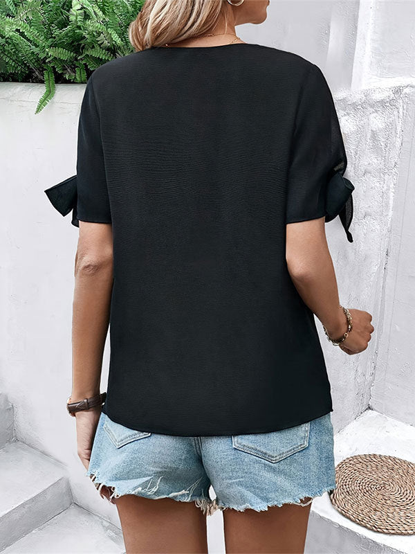 Loose Short Sleeves Hollow Sequined Split-Joint Tied V-Neck T-Shirts Tops