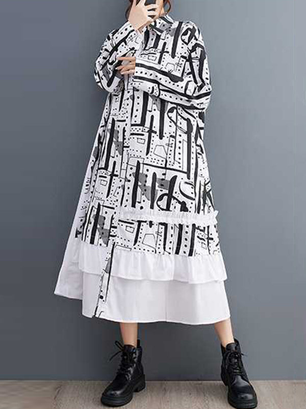 A-Line Long Sleeves Asymmetric Buttoned Printed Split-Joint Lapel Midi Dresses