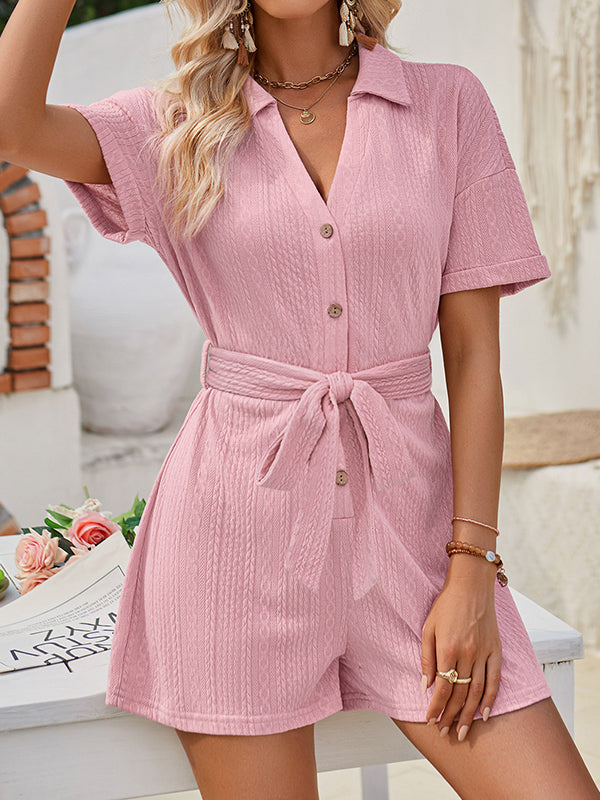 Loose Short Sleeves Buttoned Jacquard Solid Color Tied Waist Lapel Rompers