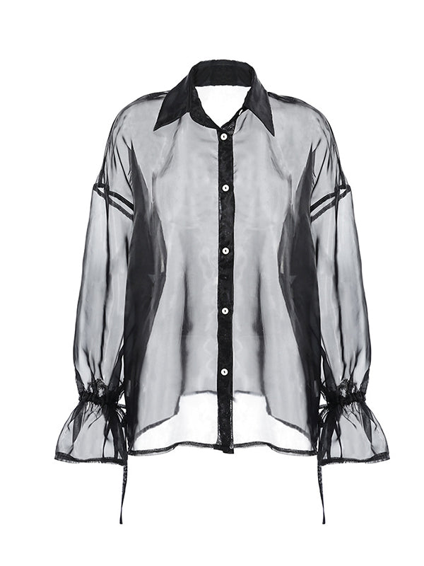 Long Sleeves Loose Buttoned Drawstring See-Through Lapel Blouses&Shirts Tops