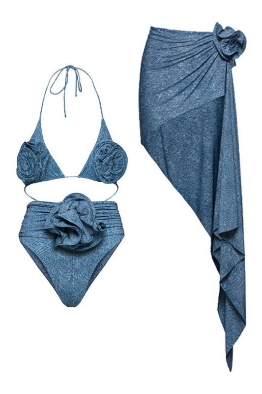 Joan Floral Denim Three-piece Swim Set