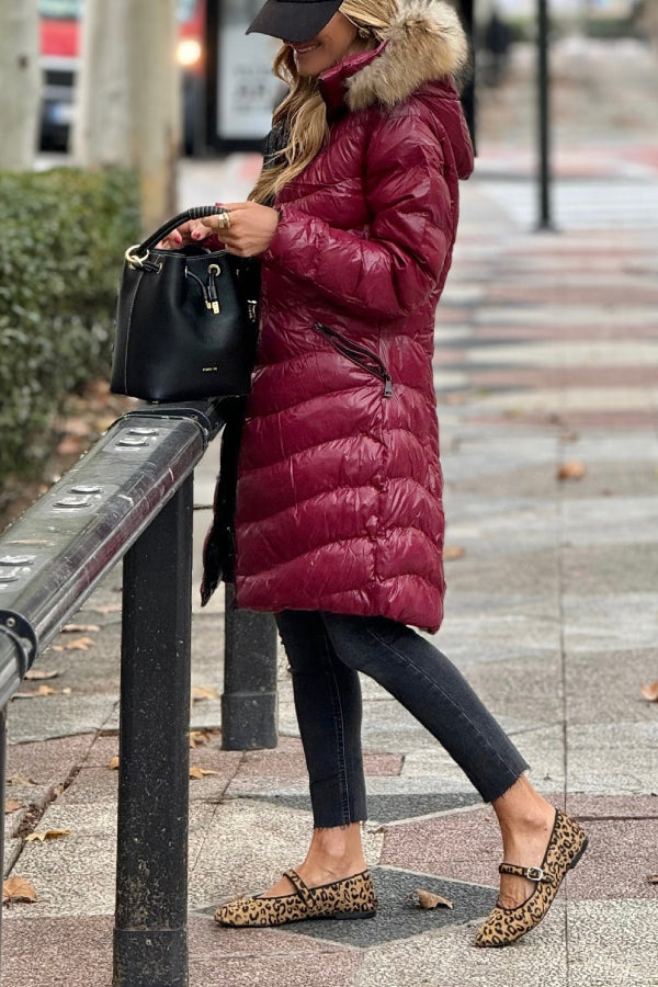 Burgundy Natural Fur Padded Coat