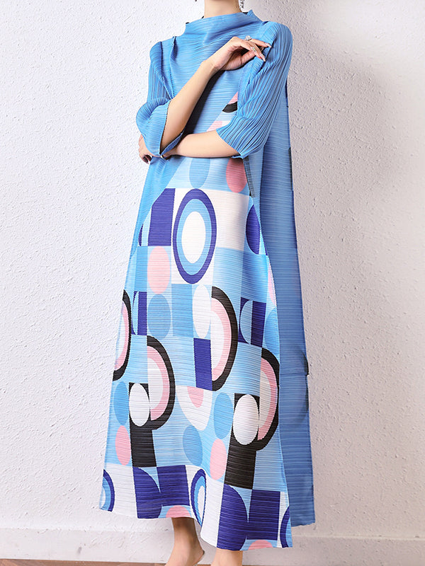 Fashion Loose Geometric Printed Pleated Midi Dress