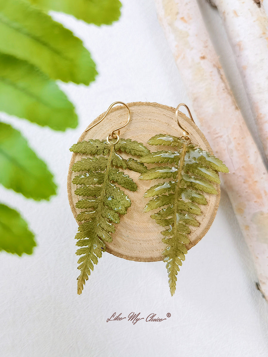 Natural Forest Fern Resin Leaf Botanical Pressed Flower Earrings