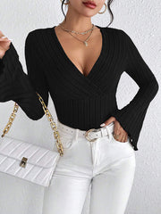 Flared Sleeves Long Sleeves Solid Color Split-Joint Deep V-Neck T-Shirts Tops