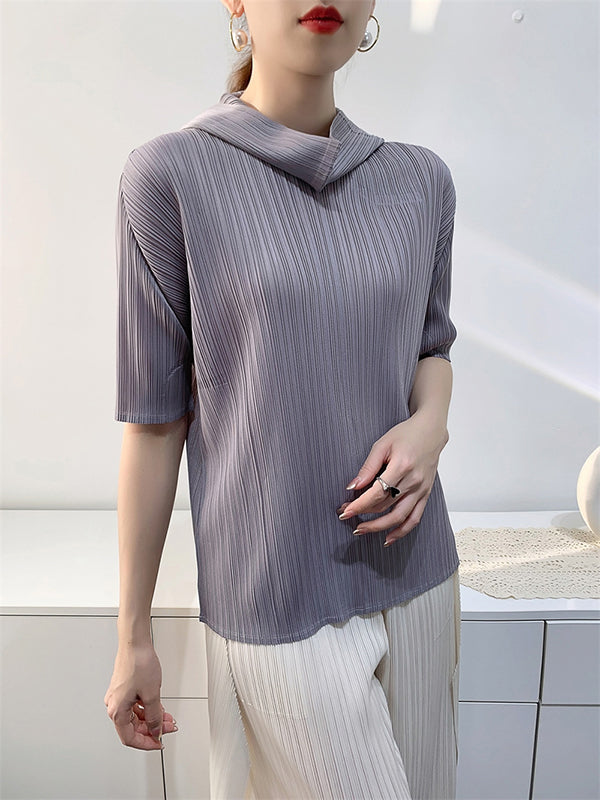 Half Sleeves Hooded Pleated Solid Color Mock Neck T-Shirts Tops