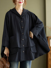 Loose Solid Color Buttoned Hooded Long Sleeves Trench Coat