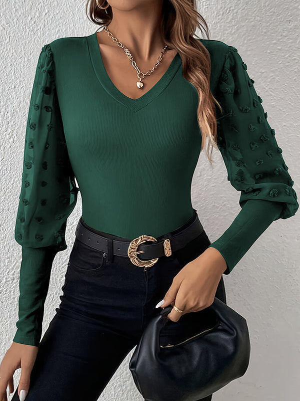 Long Sleeves Puff Sleeves Jacquard Mesh See-Through Solid Color Split-Joint V-Neck T-Shirts Tops