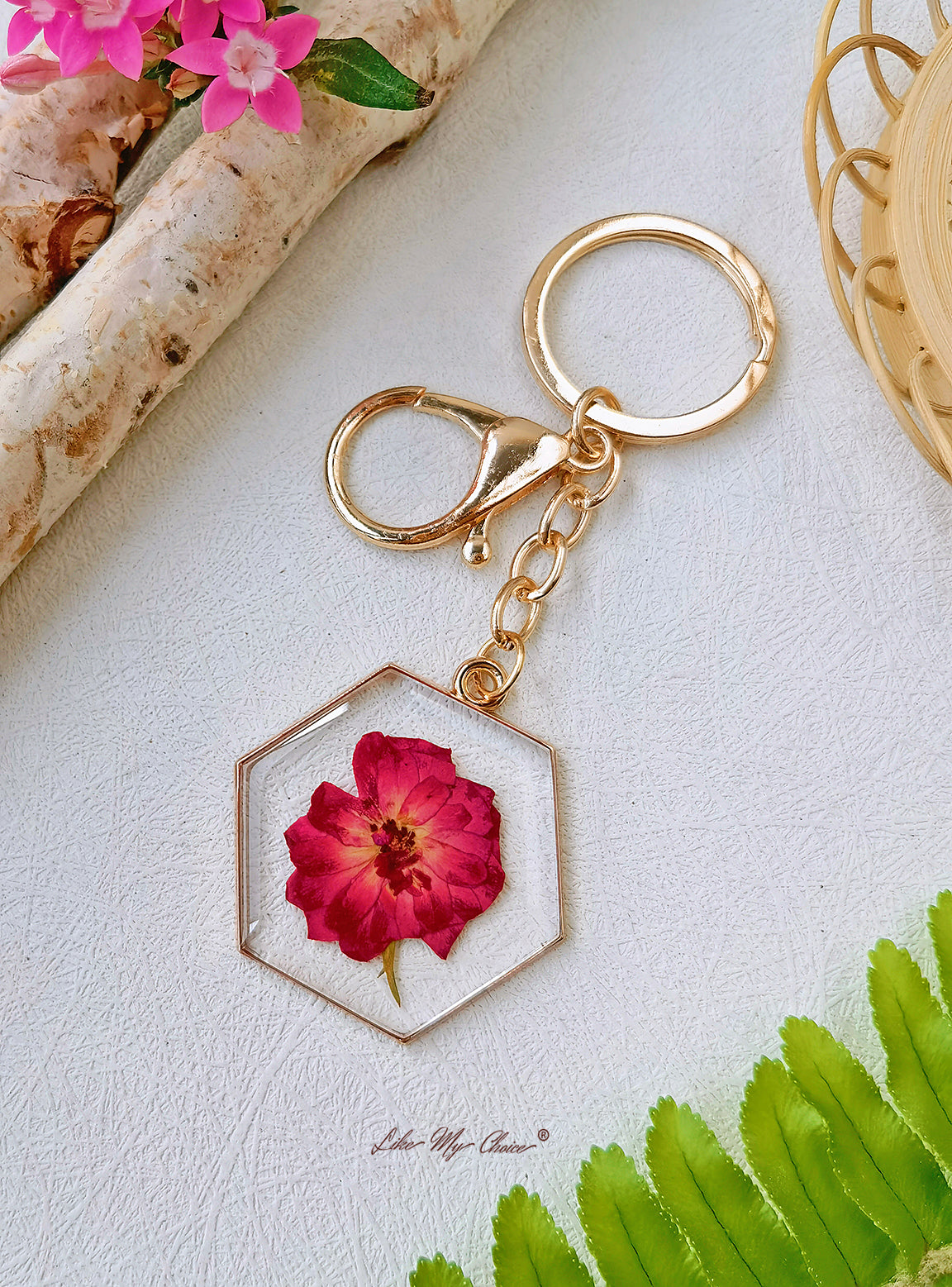 Resin Pendant Keyring Deep Red Rose Flower Keychain