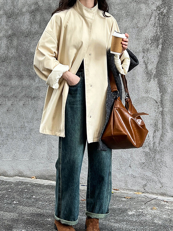 Long Sleeves Loose Pockets Solid Color Stand Collar Outerwear Trench Coats