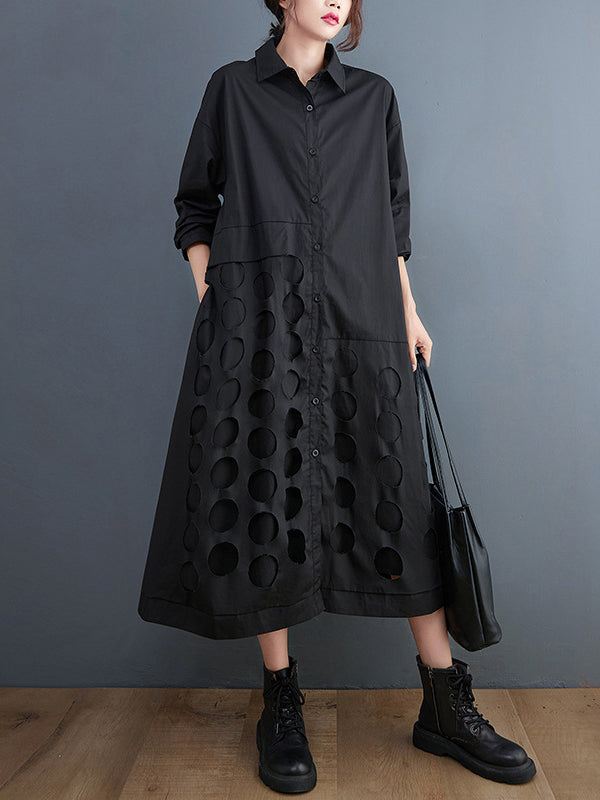 A-Line Long Sleeves Asymmetric Hollow Polka-Dot Solid Color Lapel Midi Dresses