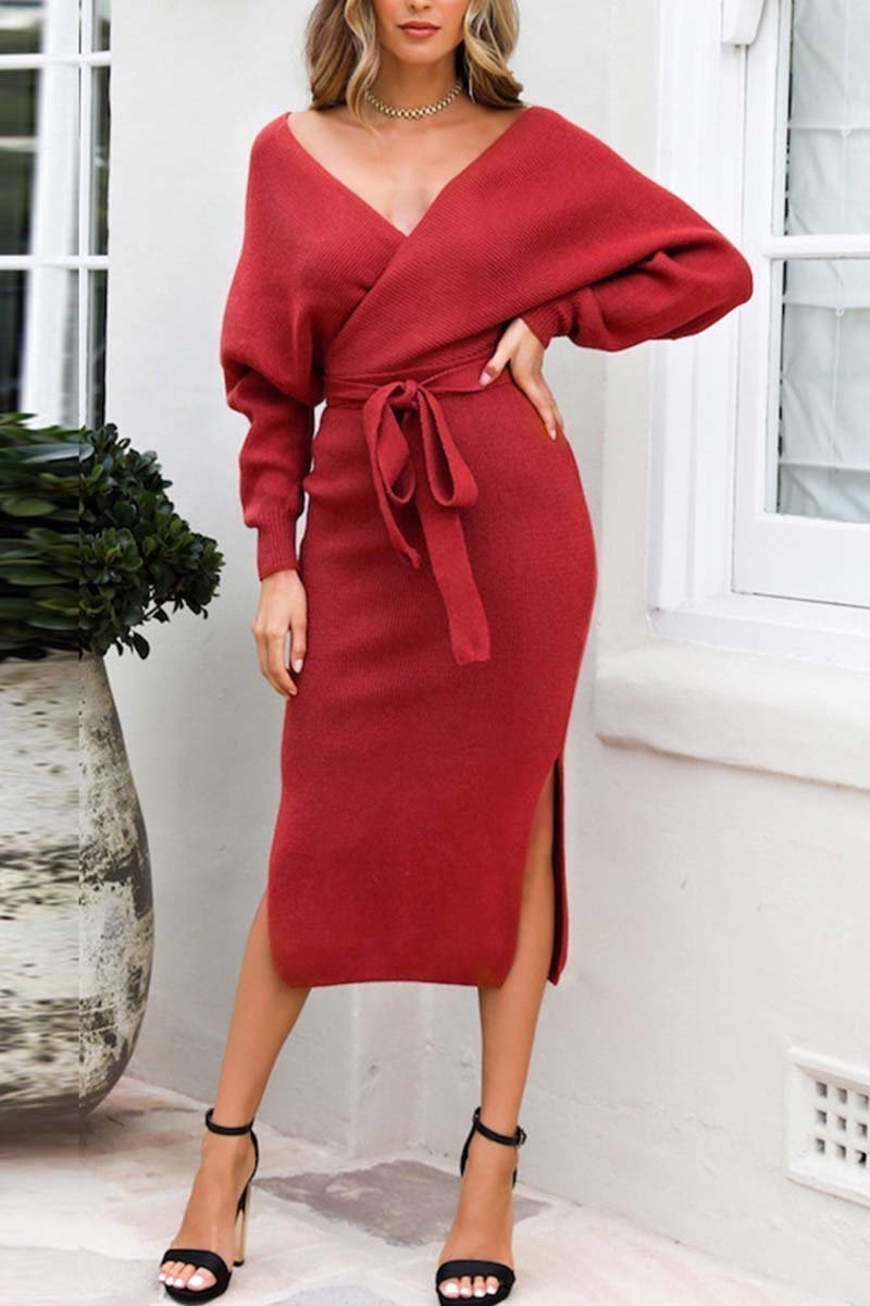 Chicindress V Neck Backless Sweater Midi Dress(5 Colors)