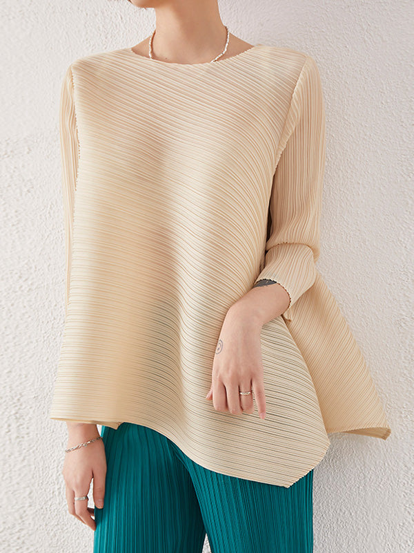 Simple Three-Quarter Sleeves Loose Pleated Solid Color Round-Neck T-Shirts Tops