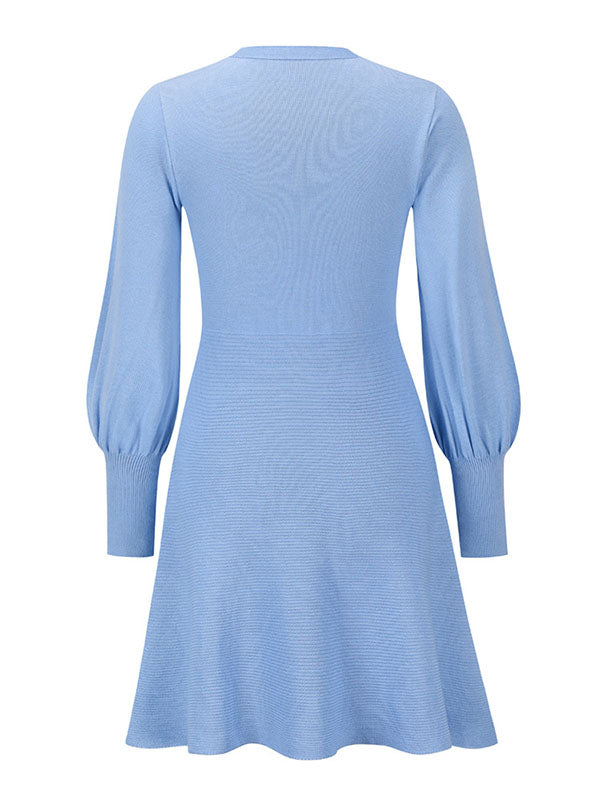 Puff Sleeves Wrap Solid Color Round-Neck Sweater Dress