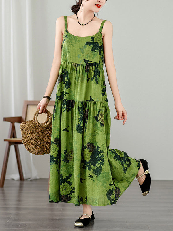 Loose Sleeveless Pleated Printed Split-Joint Spaghetti-Neck Maxi Dresses